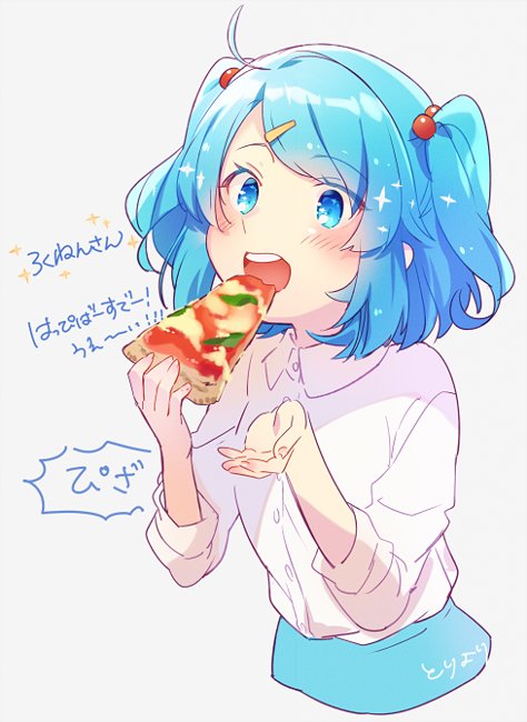 ahoge bangs blue_eyes blue_hair blue_skirt blush breasts collared_dress commentary_request dress_shirt eyebrows_visible_through_hair fingernails food hair_bobbles hair_ornament hands_up holding holding_food kawashiro_nitori long_fingernails long_sleeves nail_polish open_mouth pink_nails pizza shirt short_hair skirt sleeves_past_elbows smile sparkle swept_bangs touhou translation_request two_side_up upper_body upper_teeth white_shirt