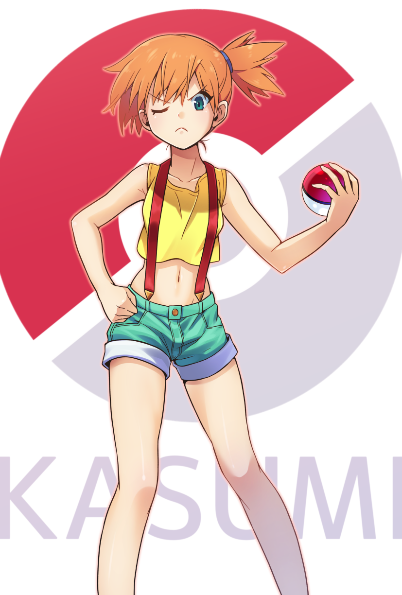 1girl ;( abiko_yuuji bare_arms blue_eyes character_name denim denim_shorts highres kasumi_(pokemon) looking_at_viewer midriff navel one_eye_closed orange_hair poke_ball pokemon pokemon_(anime) shirt shorts side_ponytail simple_background sleeveless sleeveless_shirt solo standing suspenders white_background yellow_shirt