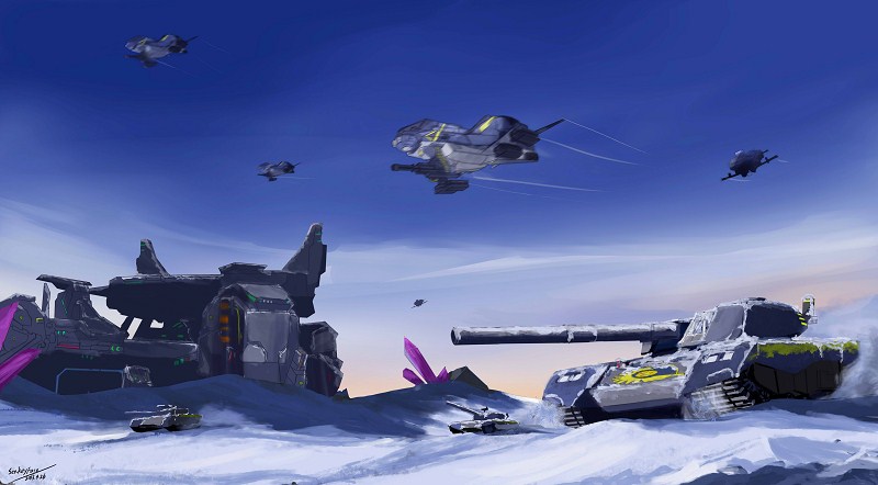 day ground_vehicle military military_vehicle motor_vehicle no_humans science_fiction sky snow tank tianyu_jifeng