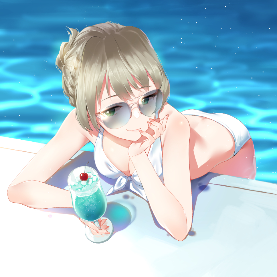 1girl blush braid breasts cherry cleavage closed_mouth cup drinking_glass eyebrows_visible_through_hair food fruit furururu green_eyes holding holding_drinking_glass idolmaster idolmaster_cinderella_girls looking_at_viewer medium_breasts pool smile solo sunglasses swimsuit takagaki_kaede water