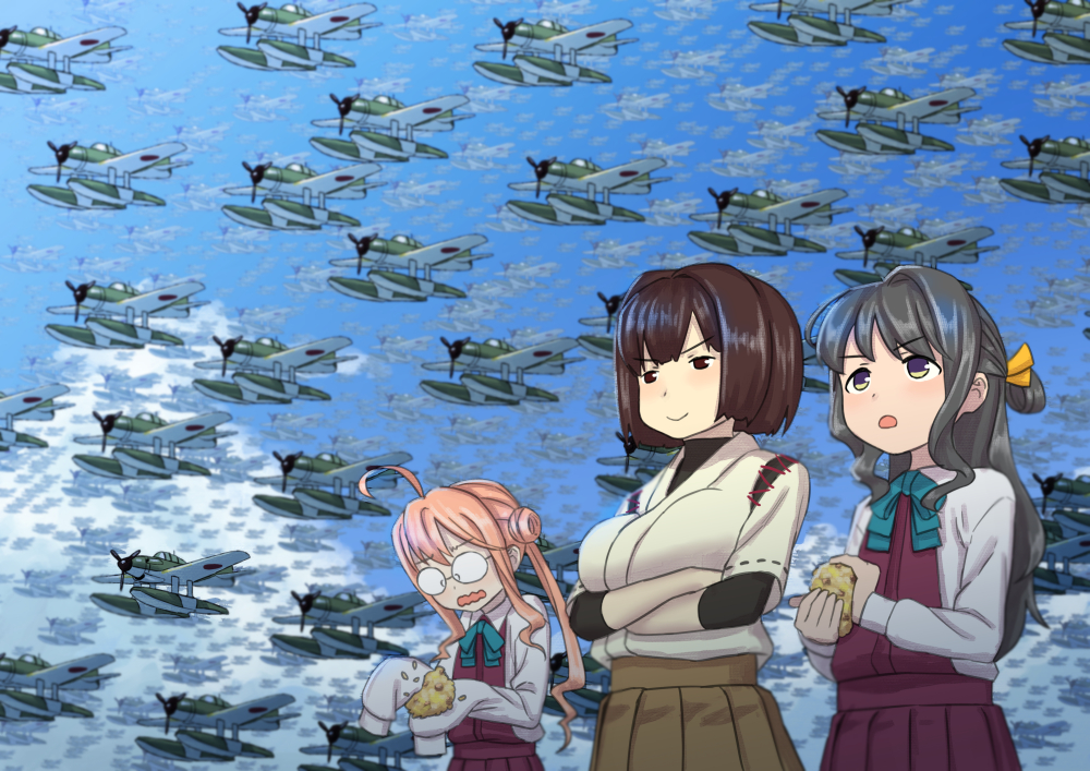 &gt;:) 3girls ahoge alternate_hair_color black_hair blue_sky brown_eyes brown_hair clouds cloudy_sky commentary_request crossed_arms double_bun e16a_zuiun food glasses grey_eyes hyuuga_(kantai_collection) kantai_collection long_hair looking_up m6a_seiran makigumo_(kantai_collection) misumi_(niku-kyu) multiple_girls naganami_(kantai_collection) onigiri open_mouth pink_hair pleated_skirt school_uniform seaplane short_hair skirt sky sleeves_past_wrists twintails wavy_mouth