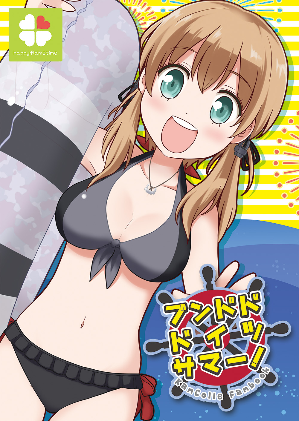 1girl adapted_costume anchor_hair_ornament aqua_eyes bikini blonde_hair cowboy_shot dutch_angle frilled_bikini frills front-tie_top hair_ornament harunatsu_akito highres kantai_collection looking_at_viewer navel open_mouth prinz_eugen_(kantai_collection) solo swimsuit translation_request twintails