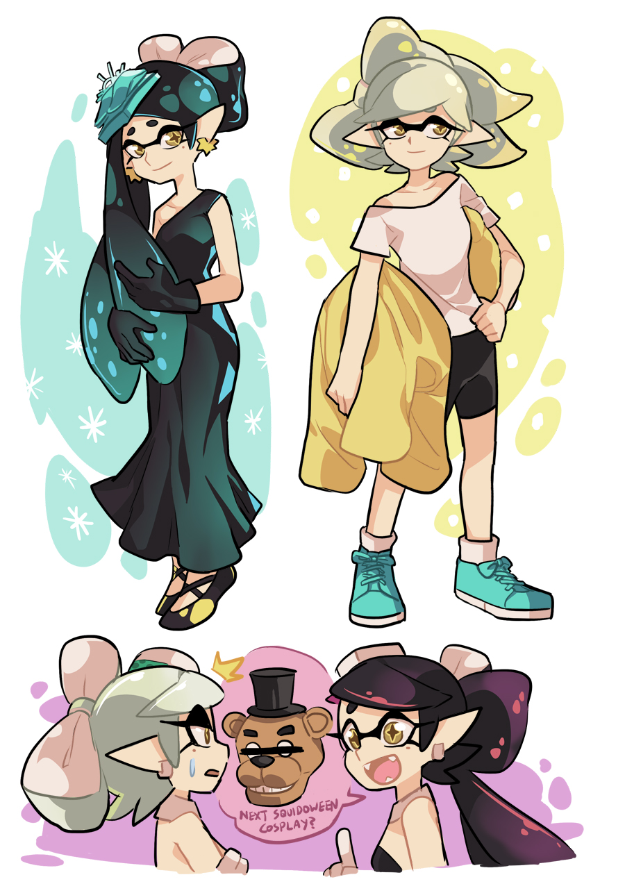 +_+ /\/\/\ 2girls animal_costume aori_(splatoon) aqua_shoes bar_censor black_dress black_gloves black_hair black_shoes black_shorts brown_eyes censored closed_mouth cross-laced_footwear dress earrings fangs flats frown gloves grey_hair hair_ornament hat highres holding hotaru_(splatoon) jewelry light_smile long_dress long_hair looking_at_another mole mole_under_eye multiple_girls open_mouth parted_lips pointy_ears shirt shoes short_hair short_sleeves shorts smile sneakers socks splatoon sweatdrop t-shirt tentacle_hair top_hat white_legwear white_shirt wong_ying_chee