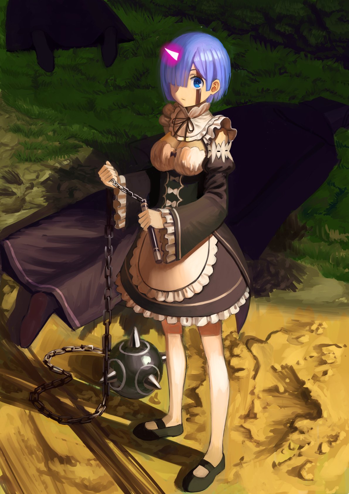 apron blood blood_on_face blue_eyes blue_hair breasts closed_mouth corpse death empty_eyes expressionless flail full_body glowing_horns grass highres holding holding_weapon horn looking_at_viewer maid maid_apron medium_breasts murder no_socks oni oni_horns re:zero_kara_hajimeru_isekai_seikatsu rem_(re:zero) standing wasabi60 weapon