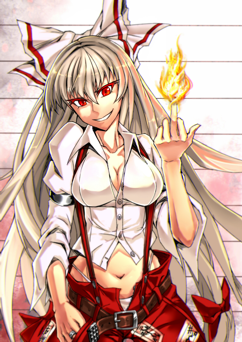 1girl armband bangs belt belt_buckle bow breasts buckle buttons cleavage collarbone collared_shirt eyelashes fire fujiwara_no_mokou grey_hair hair_between_eyes hair_bow hair_ribbon hand_in_pocket hand_up head_tilt highleg highleg_panties impossible_clothes impossible_shirt jewelry long_hair long_sleeves middle_finger midriff navel ofuda ofuda_on_clothes open_clothes open_pants panties pants parted_lips partially_unbuttoned red_bow red_eyes red_pants red_ribbon ribbon ring shiny shiny_hair shirt sleeves_rolled_up smile solo standing stomach suspenders sw_(2311550438) touhou tsurime underwear unzipped upper_body very_long_hair white_panties white_shirt wing_collar zipper
