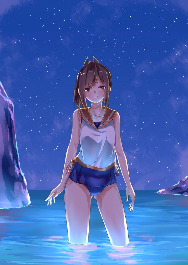 1girl blue_swimsuit brown_eyes brown_hair hair_ornament hairclip i-401_(kantai_collection) ichimachi kantai_collection looking_at_viewer one-piece_swimsuit one-piece_tan orange_sailor_collar ponytail sailor_collar school_swimsuit short_hair short_ponytail sky soaking_feet solo standing star_(sky) starry_sky swimsuit swimsuit_under_clothes tan tanline water