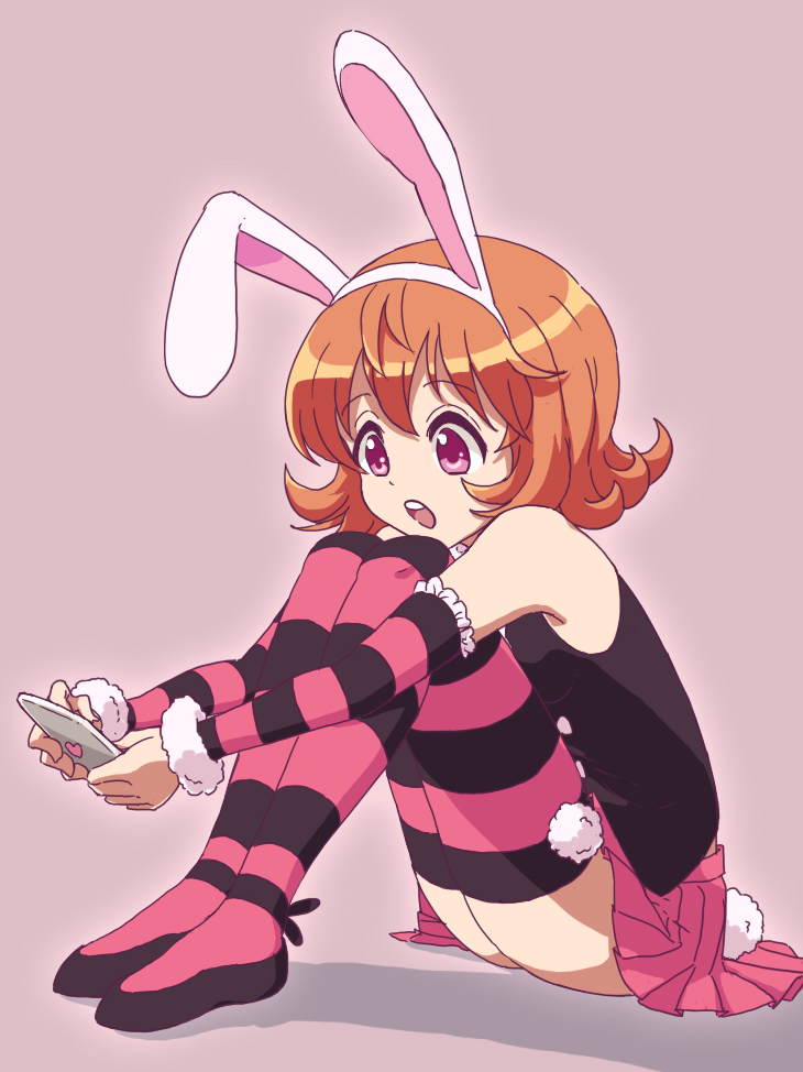 1girl animal_ears bare_shoulders brown_hair bunny_tail cellphone hunter_x_hunter nurutema open_mouth phone piyon_(hunter_x_hunter) rabbit_ears short_hair skirt solo striped striped_legwear tail thigh-highs violet_eyes