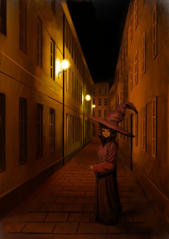 1girl alley black_hair brick_floor building cityscape full_body hat large_hat looking_at_viewer night night_sky original puffy_sleeves purple_hat purple_robe short_hair sky solo wall_lamp wand wasabi60 witch_hat