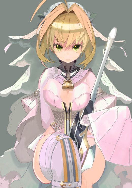 1girl ahoge bangs belt blonde_hair bodysuit breasts chains cleavage detached_sleeves fate/grand_order fate_(series) flower full-length_zipper gloves green_eyes grey_background hair_intakes hand_on_own_chest head_wreath large_breasts lock looking_at_viewer padlock saber_bride saber_extra simple_background sitting sleeveless solo veil weapon wide_sleeves yuuki_(irodo_rhythm) zipper zipper_pull_tab