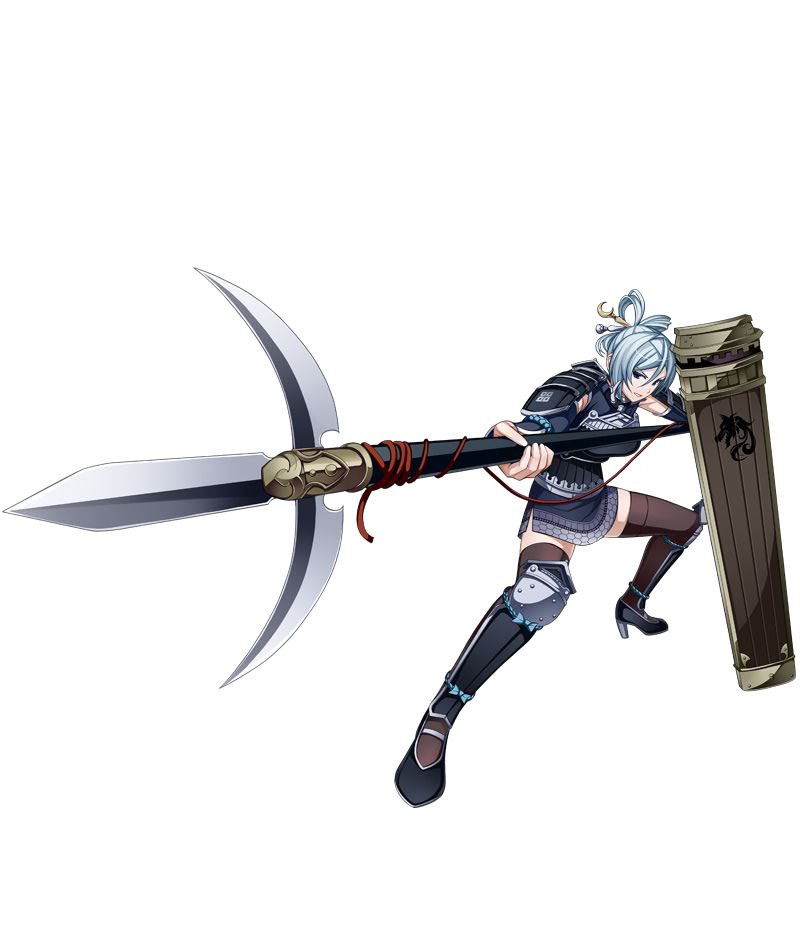 1girl artist_request breasts detached_sleeves full_body gassantoda_(oshiro_project) hair_between_eyes hair_ornament holding holding_spear holding_weapon large_breasts official_art oshiro_project oshiro_project_re pencil_skirt polearm shield silver_hair skirt spear sunrise_stance thigh-highs transparent_background weapon