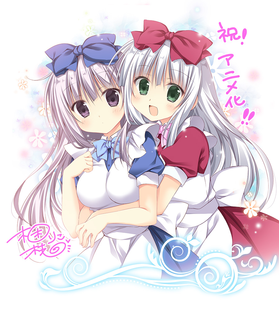 2girls :d apron bangs blue_bow blue_bowtie blue_dress blush bow bowtie breasts closed_mouth collared_dress comic_cune commentary_request cowboy_shot dress eyebrows_visible_through_hair flower hair_bow hug hug_from_behind korie_riko lavender_hair long_hair looking_at_viewer matching_outfit medium_breasts multiple_girls open_mouth pink_bow pink_bowtie red_bow red_dress sidelocks signature silver_hair smile violet_eyes white_apron white_background