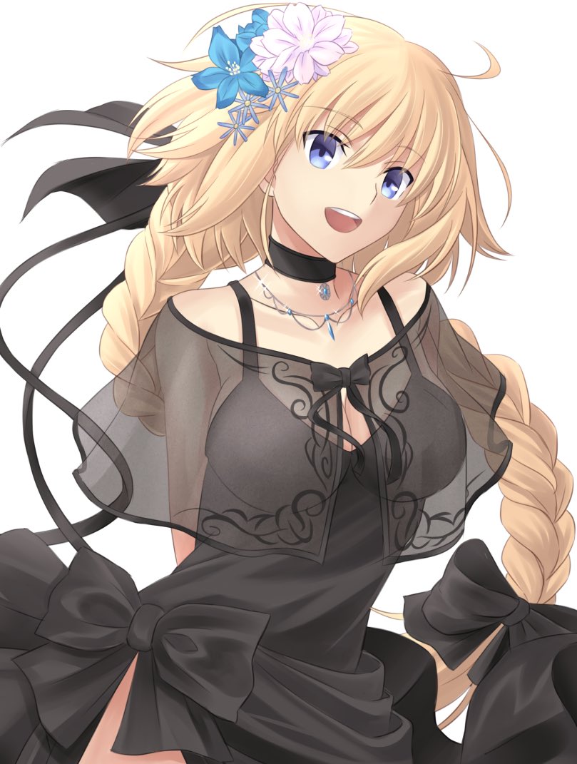 1girl alternate_costume bare_shoulders blonde_hair blue_eyes braid choker collarbone dress fate/apocrypha fate_(series) flower fumika_asano hair_flower hair_ornament hair_ribbon jewelry necklace ribbon ruler_(fate/apocrypha) see-through smile solo