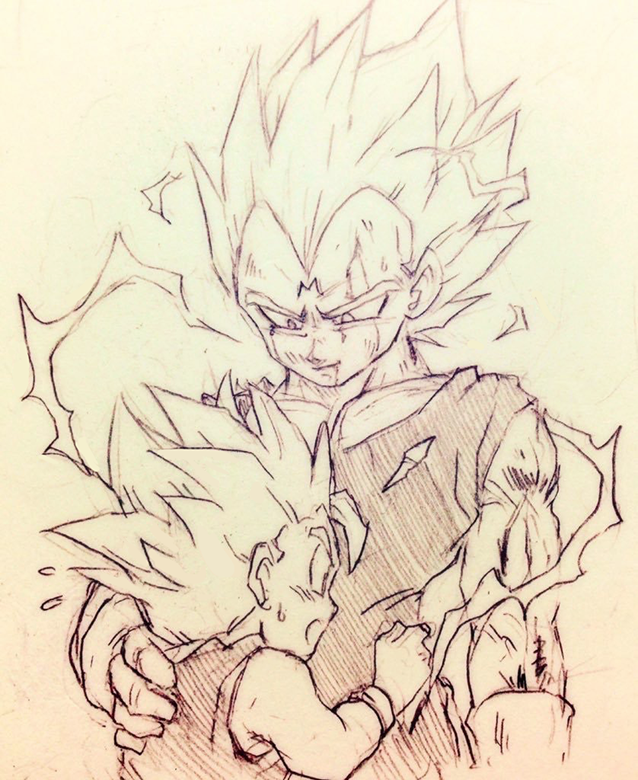 2boys :o dragon_ball dragonball_z father_and_son hand_on_another's_back hug looking_at_another majin_vegeta male_focus monochrome multiple_boys open_mouth simple_background smile spiky_hair super_saiyan sweatdrop tkgsize traditional_media trunks_(dragon_ball) vegeta