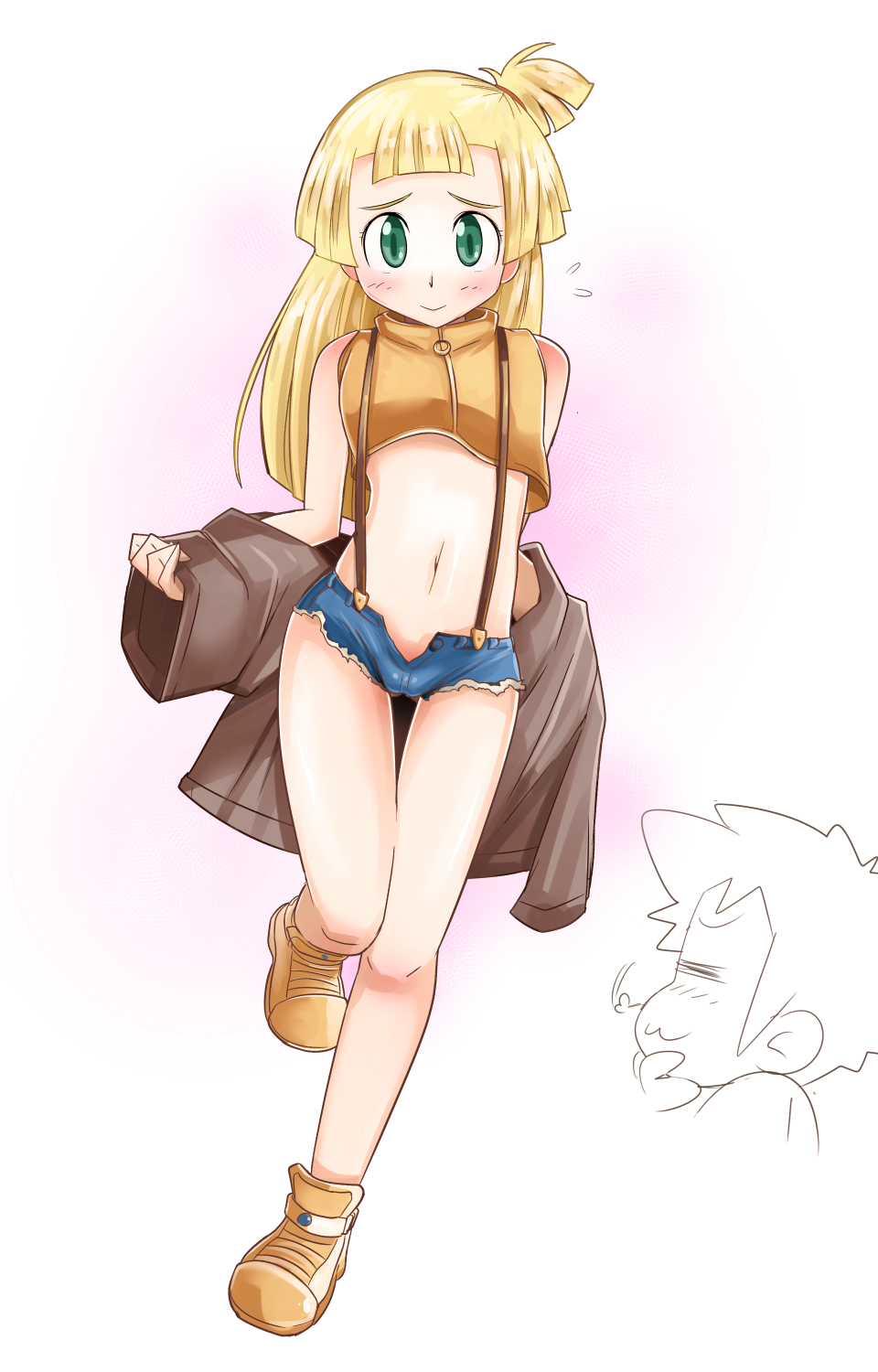 1boy 1girl blonde_hair cosplay green_eyes highres kasumi_(pokemon) kasumi_(pokemon)_(cosplay) lillie_(pokemon) midriff pokemon pokemon_(anime) pokemon_(game) pokemon_sm pokemon_sm_(anime) ponytail robojanai satoshi_(pokemon) shorts