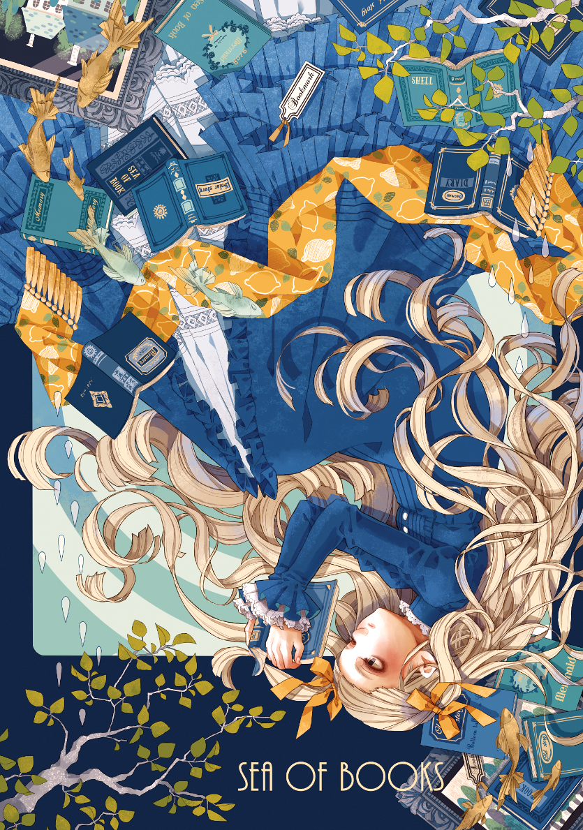 1girl black_eyes blonde_hair blush book bookmark bow branch commentary_request dress english fish food frills fruit hair_ribbon hamondo juliet_sleeves lace leaf lemon long_hair long_sleeves looking_away open_book original painting_(object) picture_frame puffy_sleeves reading ribbon scarf scarf_removed solo surreal upside-down very_long_hair water_drop wavy_hair