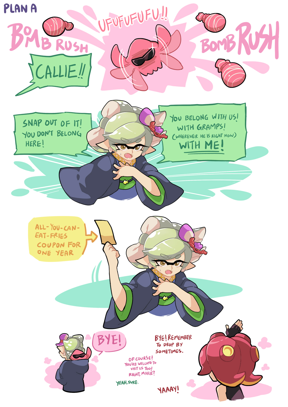 +_+ 2girls aori_(splatoon) blue_kimono bomb_rush_(splatoon) brown_eyes burst_bomb_(splatoon) comic commentary english eyebrows_visible_through_hair fangs fingerless_gloves gloves grey_hair hair_ornament highres hotaru_(splatoon) japanese_clothes kimono multiple_girls short_hair splatoon splatoon_2 squid sweatdrop takozonesu tentacle_hair waving wong_ying_chee