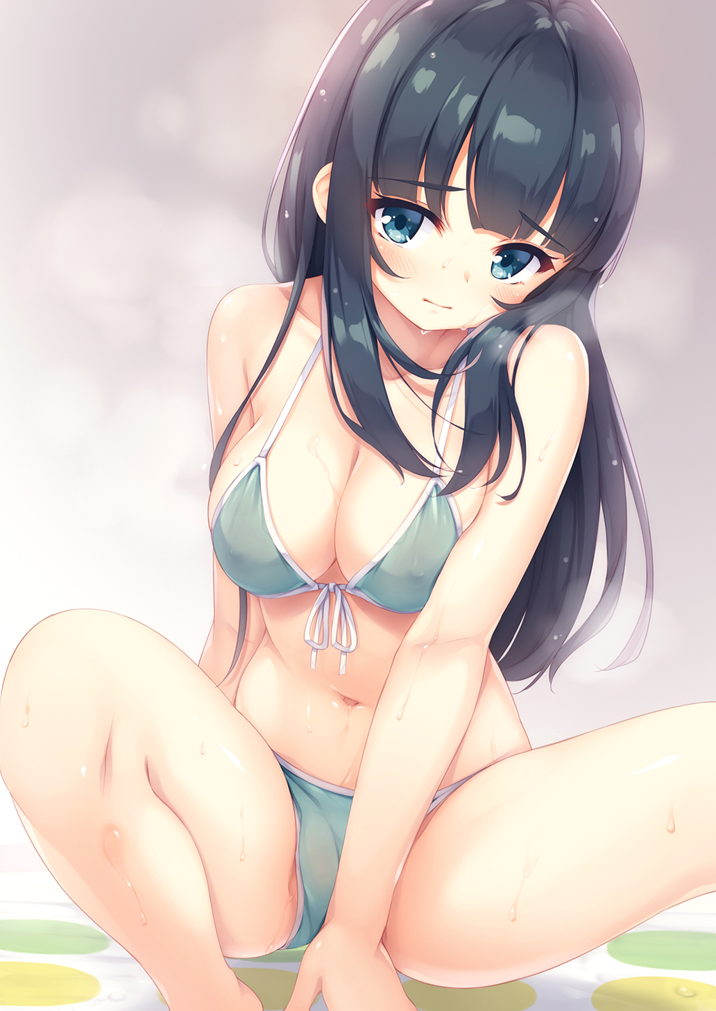 1girl bangs bikini black_hair blue_eyes blush breasts cleavage eromanga_sensei front-tie_bikini front-tie_top green_bikini halter_top halterneck highres indoors long_hair looking_at_viewer medium_breasts sitting solo swimsuit takasago_tomoe tomifumi twister wet