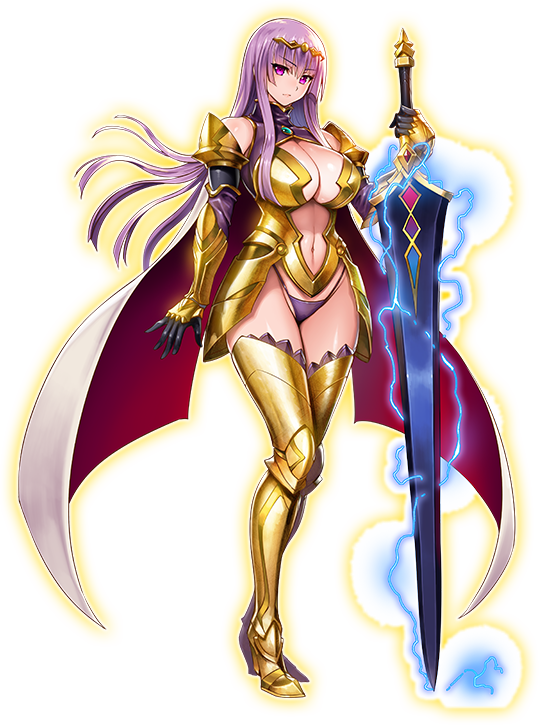1girl armor bare_shoulders black_panties breasts cape claudette_(queen's_blade) cleavage closed_mouth elbow_gloves electricity faulds female full_body gloves greaves holding holding_sword holding_weapon large_breasts long_hair looking_at_viewer navel official_art oosaki_shin'ya panties purple_hair queen's_blade queen's_blade_unlimited redesign solo standing sword transparent_background underwear violet_eyes weapon