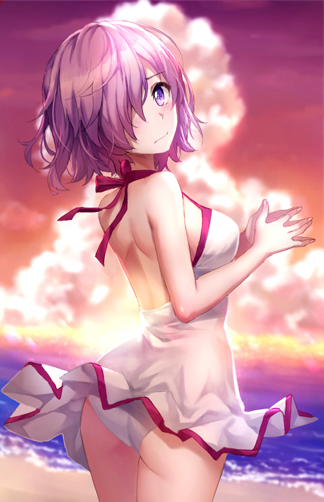 1girl ass back bare_back bare_shoulders beach clouds fate/grand_order fate_(series) frown looking_at_viewer looking_back sand shielder_(fate/grand_order) short_hair skirt solo swimsuit thighs tonee violet_eyes