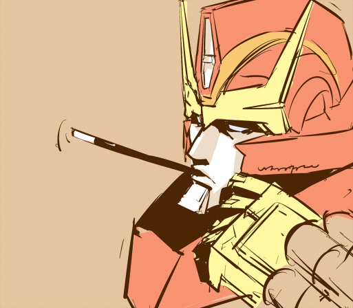 1boy autobot blue_eyes candy chocolate food ichira-san looking_at_another machine machinery mecha mouth_hold no_humans personification pocky pocky_day pocky_kiss robot rodimus shared_food solo transformers upper_body