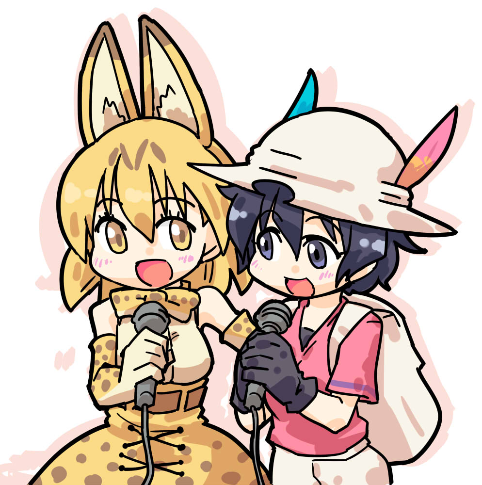 2girls animal_ears backpack bag bow bowtie bucket_hat cross-laced_clothes elbow_gloves gloves hat hat_feather high-waist_skirt japari_symbol kaban_(kemono_friends) kemono_friends microphone multiple_girls red_shirt seki_(red_shine) serval_(kemono_friends) serval_ears serval_print shirt skirt sleeveless sleeveless_shirt