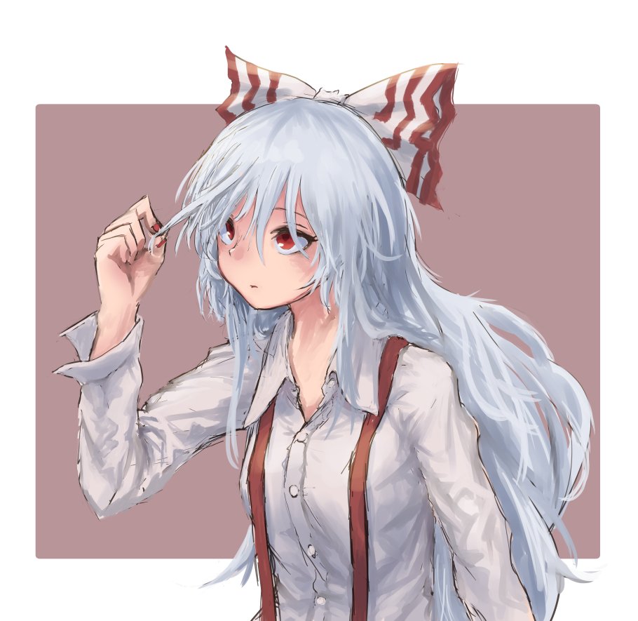 1girl dress_shirt fujiwara_no_mokou grey_hair hair_pull long_hair outside_border red_eyes roke_(taikodon) shirt sketch solo suspenders touhou white_border