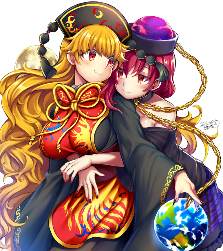 2girls bare_shoulders black_dress black_nails black_shirt blonde_hair blush breasts chains china_dress chinese_clothes closed_mouth collar couple dated dress earth earth_(ornament) eye_contact female hecatia_lapislazuli highres hug hug_from_behind iroyopon junko_(touhou) large_breasts long_hair long_sleeves looking_at_another looking_back moon_(ornament) multiple_girls mutual_yuri nail_polish neck off-shoulder_shirt orb plaid plaid_skirt planet polos_crown purple_skirt red_eyes red_nails redhead sash shirt simple_background skirt smile sphere tabard tassel touhou very_long_hair wavy_hair white_background wide_sleeves yuri