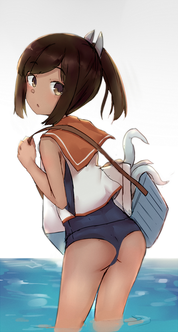 1girl brown_eyes brown_hair highres i-401_(kantai_collection) kantai_collection kure_(kure_ng) open_mouth partially_submerged ponytail sailor_collar sailor_shirt school_swimsuit shirt short_hair sleeveless sleeveless_shirt solo swimsuit swimsuit_under_clothes water