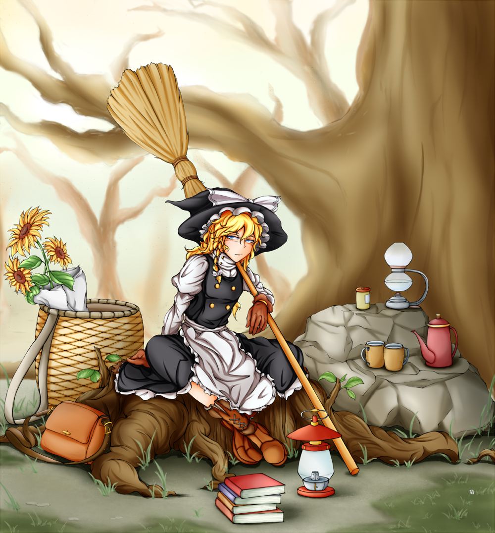 1girl apron arm_support bag black_dress blonde_hair blue_eyes book_stack boots bow braid broom brown_boots brown_gloves closed_mouth crossed_ankles cup dress flower full_body gloves hair_between_eyes hair_bow hat hat_bow juliet_sleeves kirisame_marisa lantern long_hair long_sleeves looking_at_viewer mug puffy_sleeves side_braid sitting solo sunflower touhou tree waist_apron white_bow witch_hat xian_gu