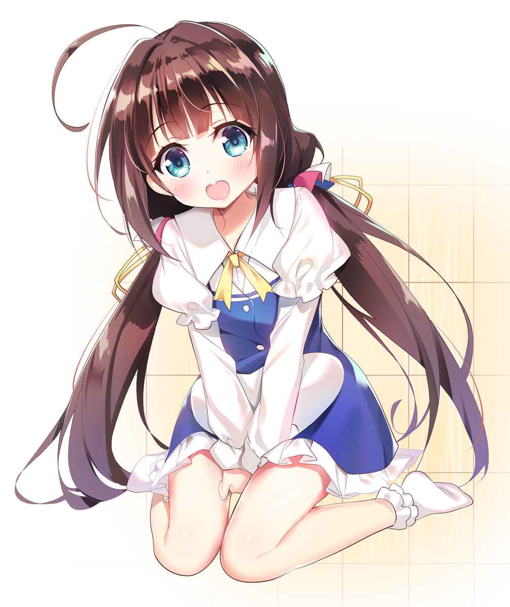 1girl ahoge blue_eyes blush brown_hair eyebrows_visible_through_hair hat hat_removed headwear_removed highres hinatsuru_ai long_hair long_sleeves looking_at_viewer no_hat no_headwear open_mouth ribbon ryuuou_no_oshigoto! school_uniform short_over_long_sleeves short_sleeves sitting socks solo twintails wariza yellow_ribbon youta