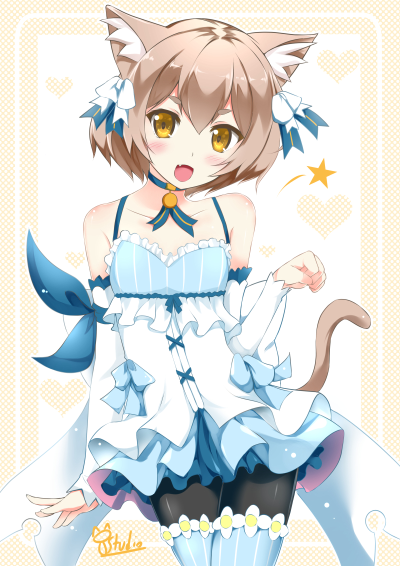 1boy :d animal_ears arm_ribbon artist_signature bangs bare_shoulders black_legwear blue_bow blue_choker blue_legwear blue_ribbon blush bob_cut bolo_tie bow bow_dress brown_hair cat_ears cat_tail catstudioinc_(punepuni) choker clenched_hand collarbone commentary cowboy_shot cross-laced_clothes detached_sleeves dress dress_bow eyebrows_visible_through_hair fang felix_argyle frilled_dress frills front-tie_top hair_between_eyes hair_bow hair_ribbon halftone halftone_background hand_up happy heart heart_background jewelry large_bow layered_dress legs_crossed looking_at_viewer male_focus open_hand open_mouth otoko_no_ko pantyhose parted_bangs paw_pose pendant re:zero_kara_hajimeru_isekai_seikatsu ribbon short_dress short_eyebrows short_hair simple_background slit_pupils smile solo spaghetti_strap spoken_star standing striped striped_legwear striped_ribbon tail thick_eyebrows thigh-highs thighhighs_over_pantyhose two-tone_background vertical-striped_legwear vertical_stripes white_background white_bow yellow_background yellow_eyes