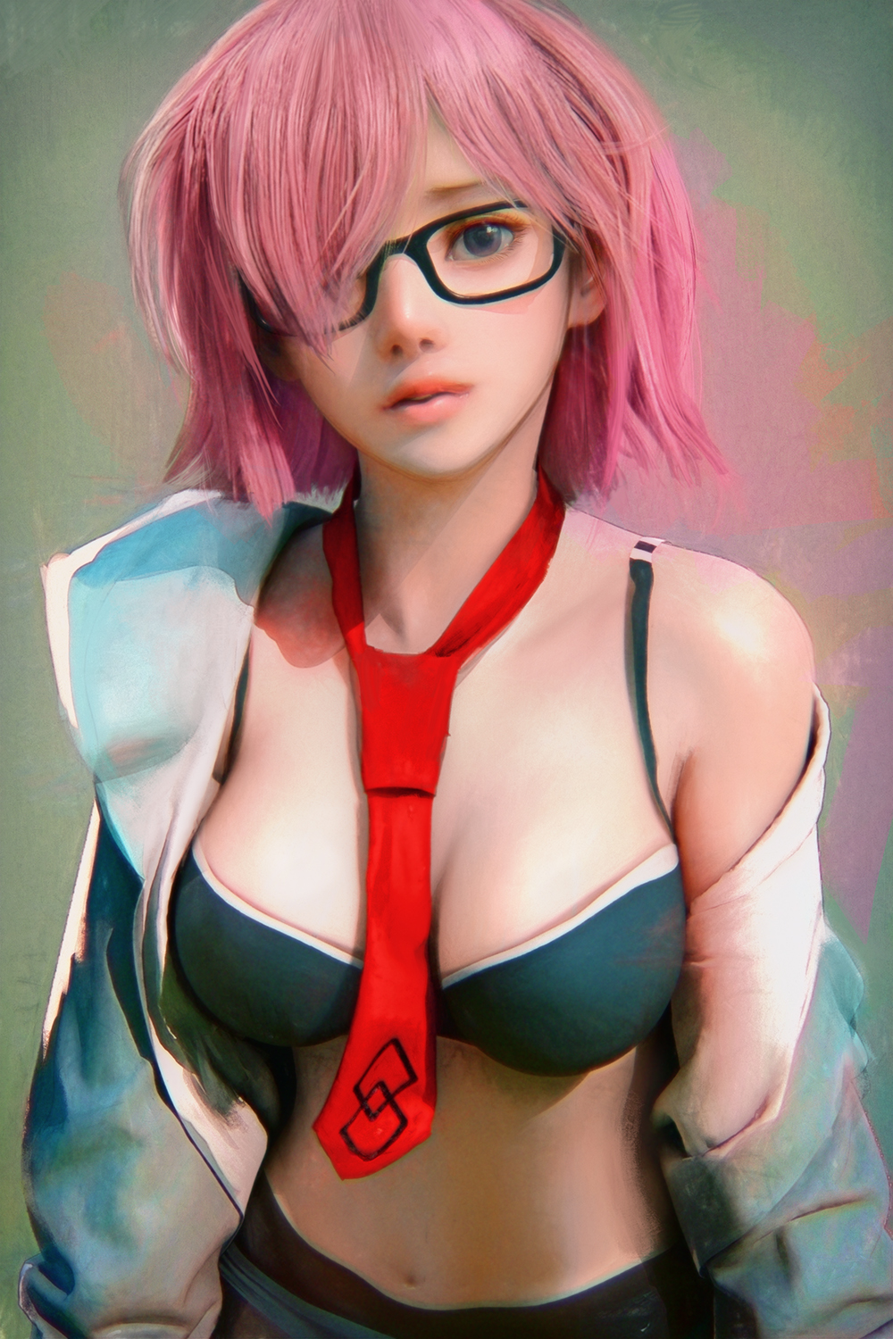 1girl bra fate/grand_order fate_(series) glasses hair_over_one_eye highres lips looking_at_viewer navel necktie open_clothes open_shirt parted_lips photorealistic pink_hair ryan_tien shielder_(fate/grand_order) shirt solo underwear violet_eyes