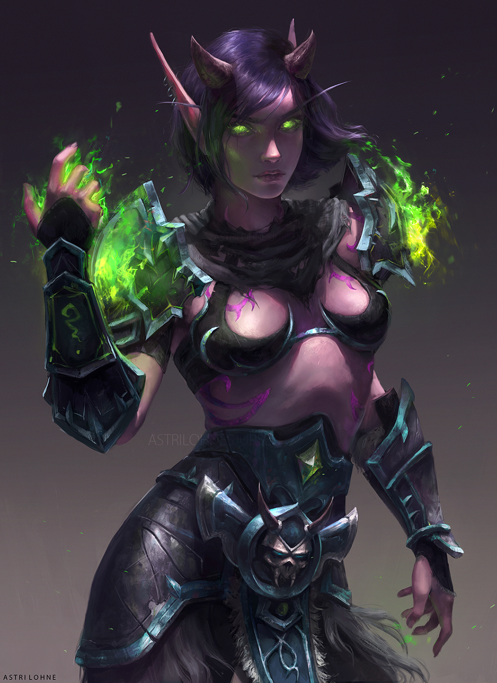 1girl armor artist_name astri_lohne_sjursen belt breasts burning_hand capelet cleavage cowboy_shot earrings elbow_gloves elf fur gauntlets gem gloves glowing glowing_eyes gradient gradient_background green_eyes highres horns jewelry leather long_eyebrows night_elf pointy_ears purple_hair purple_skin short_hair shoulder_armor shoulder_pads signature skull solo tattoo torn_clothes warcraft world_of_warcraft