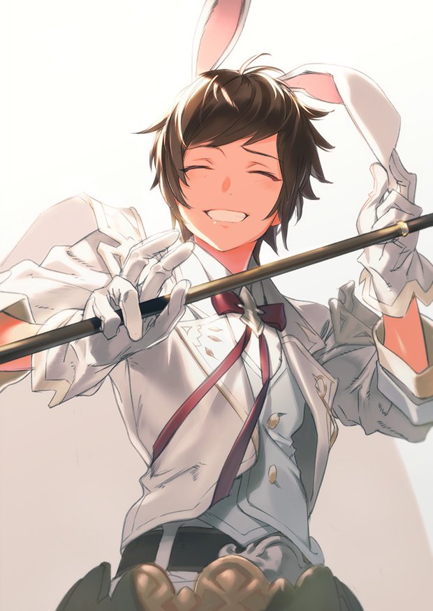 1boy akiyoshi_haru animal_ears belt bow bowtie brown_hair closed_eyes fake_animal_ears formal gloves gradient gradient_background gran_(granblue_fantasy) granblue_fantasy grin male_focus rabbit_ears sage_(granblue_fantasy) short_hair simple_background smile solo staff suit touching_ears upper_body white_gloves