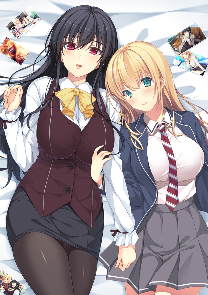 2girls ass ayase_hazuki bangs bed_sheet black_hair black_legwear blonde_hair blue_eyes blue_jacket blue_skirt blush bow bowtie breasts closed_mouth collared_shirt commentary_request eyebrows_visible_through_hair eyes_visible_through_hair frilled_sleeves frills grey_skirt hair_between_eyes jacket large_breasts long_hair looking_away lying multiple_girls necktie on_back open_mouth original pantyhose pencil_skirt photo_(object) pleated_skirt purple_vest school_uniform shirt shirt_tucked_in skirt smile striped striped_necktie vest violet_eyes white_shirt yellow_bow yellow_bowtie