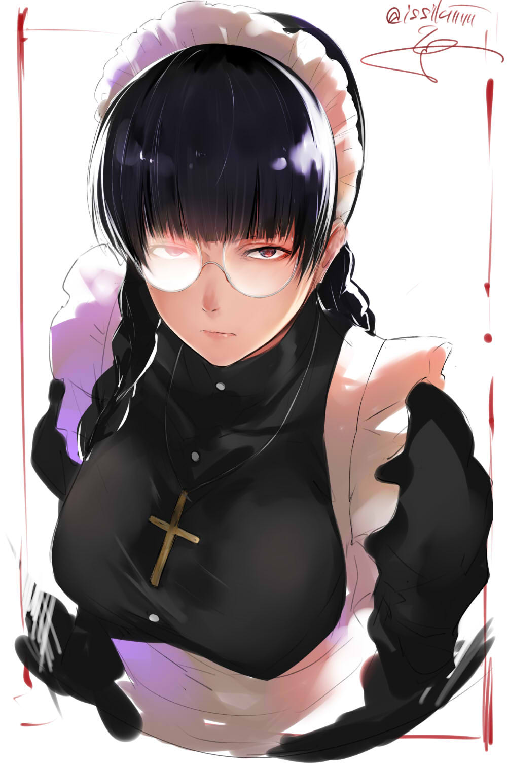 apron artist_name bangs black_hair black_lagoon blunt_bangs braid breasts brown_eyes commentary_request cross crucifix expressionless frilled_apron frills glasses highres isshiki_(ffmania7) jewelry large_breasts long_sleeves looking_at_viewer maid_headdress necklace roberta_(black_lagoon) solo twin_braids twitter_username upper_body white_background