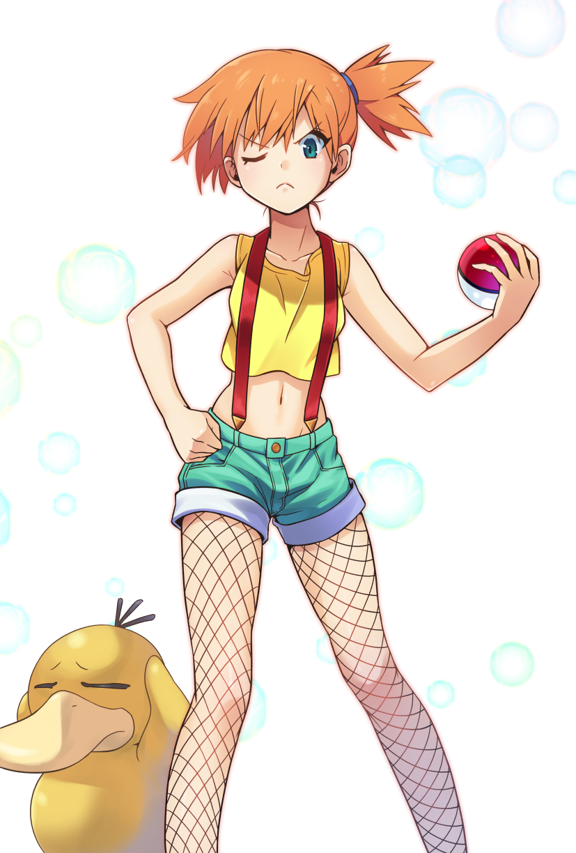 1girl ;( abiko_yuuji bare_arms blue_eyes closed_eyes denim denim_shorts fishnet_legwear fishnet_pantyhose fishnets highres kasumi_(pokemon) looking_at_viewer midriff navel one_eye_closed orange_hair pantyhose poke_ball pokemon pokemon_(anime) pokemon_(creature) psyduck shirt shorts side_ponytail simple_background sleeveless sleeveless_shirt standing suspenders white_background yellow_shirt