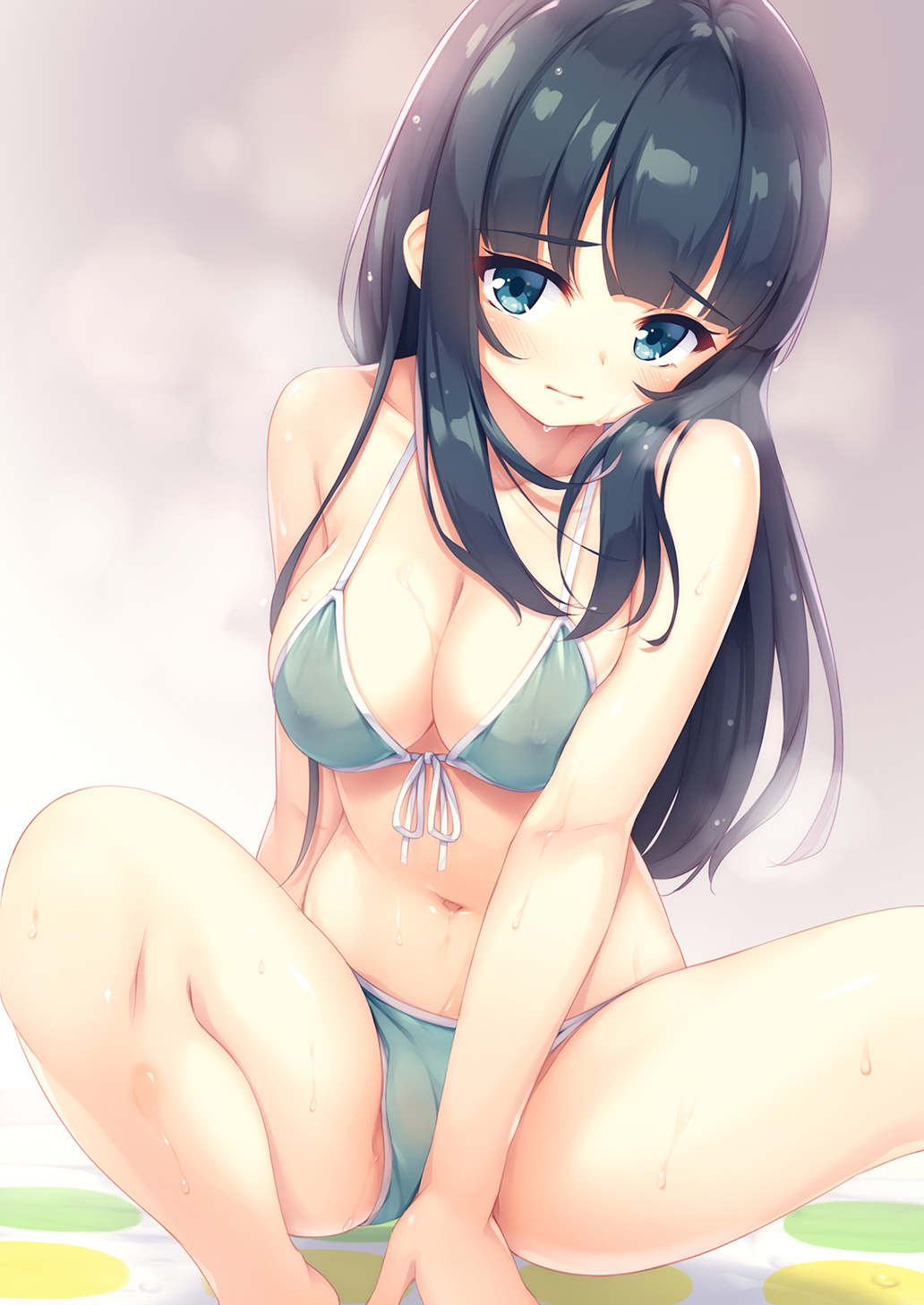 1girl bangs bikini black_hair blue_eyes blunt_bangs blush breasts cleavage eromanga_sensei eyebrows_visible_through_hair front-tie_bikini front-tie_top green_bikini halter_top halterneck highres indoors long_hair looking_at_viewer medium_breasts navel revision sitting solo swimsuit takasago_tomoe tomifumi twister wet