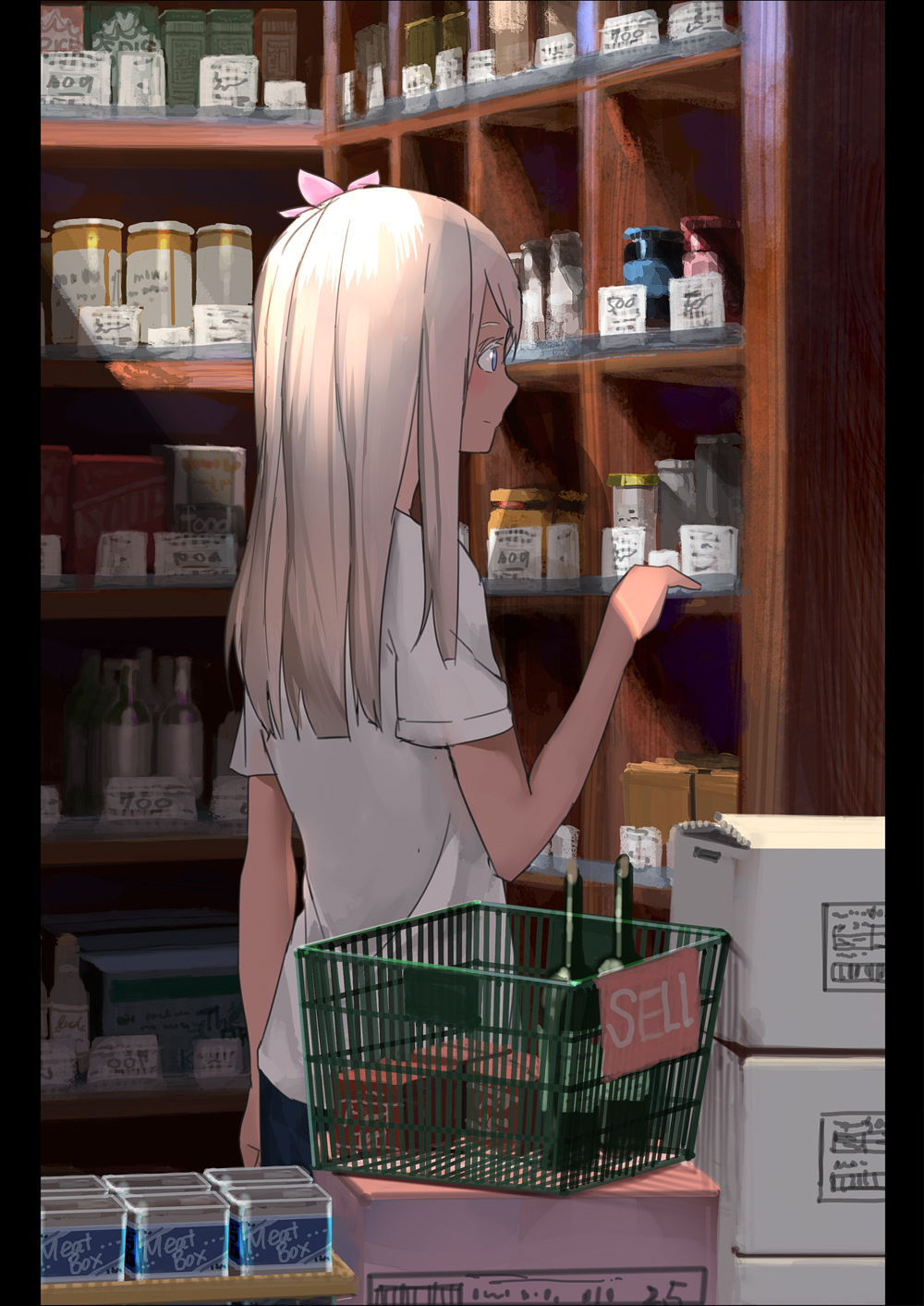 1girl alternate_costume blonde_hair blue_eyes box can cardboard_box casual flower fujibejifu hair_flower hair_ornament highres kantai_collection long_hair remodel_(kantai_collection) ro-500_(kantai_collection) shadow shelf shirt shopping shopping_basket short_sleeves smile solo standing tan white_shirt