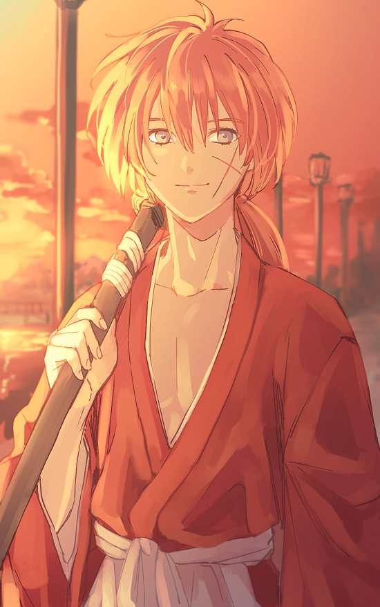 1boy blurry brown_eyes clouds depth_of_field food fruit himura_kenshin japanese_clothes kimono lamppost long_hair male_focus orange orange_hair outdoors over_shoulder ponytail rurouni_kenshin scar sheath sheathed smile solo sunset sword takashi_(huzakenna) water weapon weapon_over_shoulder