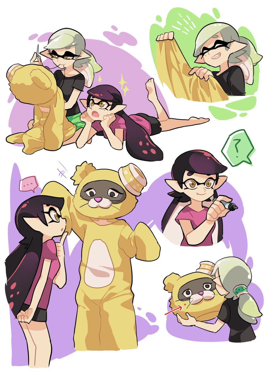 +_+ 2girls alternate_hairstyle animal_costume aori_(splatoon) black_hair black_shirt black_shorts brown_eyes chin_rest closed_eyes closed_mouth commentary grey_hair grin highres holding hotaru_(splatoon) long_hair looking_at_another lying marker mole mole_under_eye mouth_hold multiple_girls on_stomach open_mouth pointy_ears ponytail scrunchie sewing shirt short_hair short_sleeves shorts sitting smile sparkle splatoon t-shirt tentacle_hair wariza wong_ying_chee