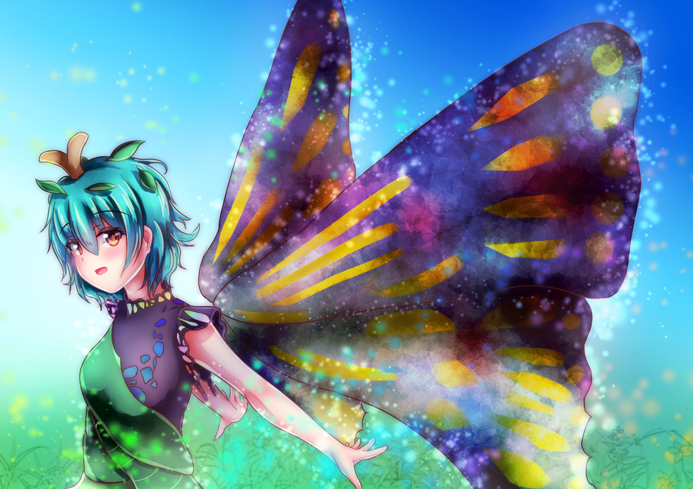 1girl :d antennae blue_hair blush breasts brown_eyes butterfly_wings dress eternity_larva from_side green_dress hair_between_eyes hair_ornament leaf_hair_ornament lesshat looking_at_viewer looking_to_the_side medium_breasts open_mouth short_hair smile solo touhou upper_body wings