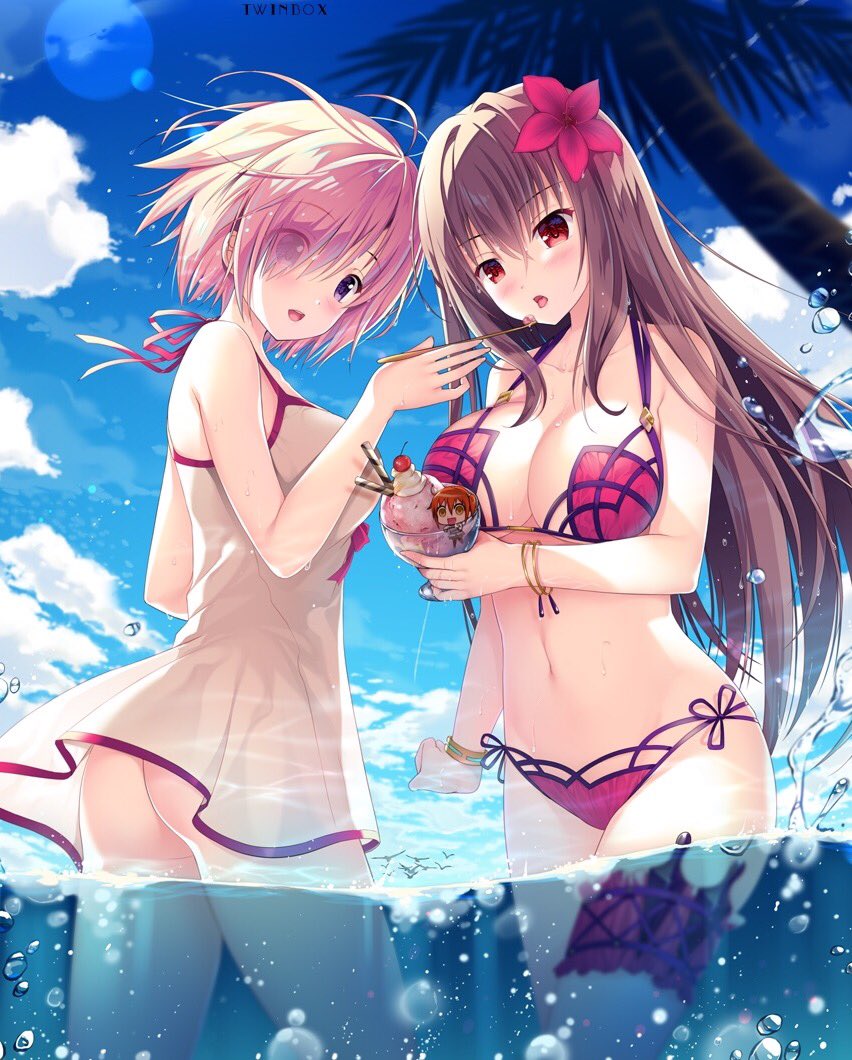 2girls artist_name ass bikini blush bracelet breasts bubble chibi collarbone dress fate/grand_order fate_(series) feet flower food fujimaru_ritsuka_(female) hair_flower hair_ornament hair_over_one_eye hanahanamaki ice_cream jewelry large_breasts long_hair minigirl multiple_girls navel ocean open_mouth palm_tree partially_submerged pink_hair purple_bikini purple_hair red_eyes redhead scathach_(fate/grand_order) scathach_(swimsuit_assassin)_(fate) shielder_(fate/grand_order) short_hair standing swimsuit thigh_strap tree underwater violet_eyes white_dress