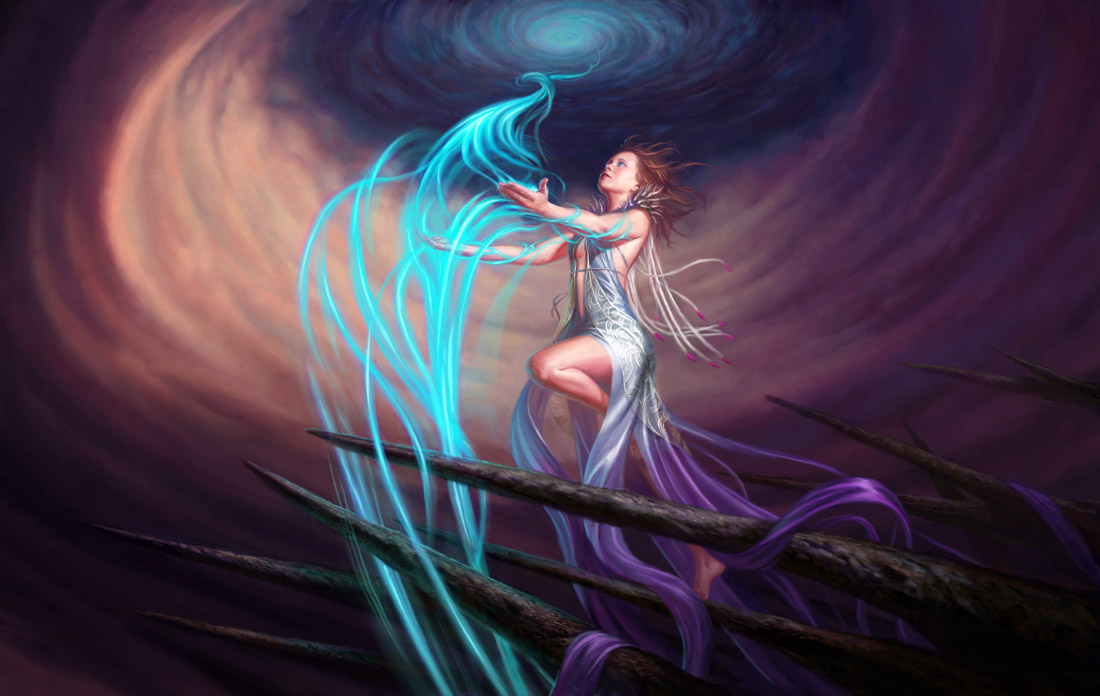 1girl bare_shoulders barefoot blue_eyes breasts brown_hair clouds cloudy_sky collar dress eric_deschamps from_below gown gradient_clothes gradient_dress looking_up magic magic:_the_gathering official_art one_leg_raised open-back_dress outdoors outstretched_arms sideboob sky small_breasts spikes vortex
