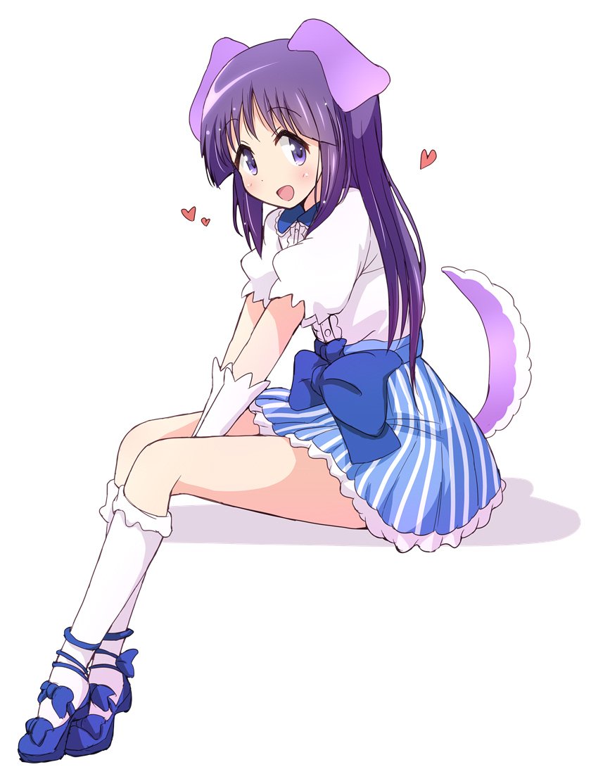 1girl :d animal_ears bangs between_legs blue_shoes blush buttons collared_shirt commentary_request dog_ears dog_tail elbow_gloves frilled_shirt frilled_shirt_collar frilled_skirt frills full_body gloves hand_between_legs heart high-waist_skirt hinata_yukari kemonomimi_mode kirara_fantasia kneehighs long_hair looking_at_viewer mel_(melty_pot) open_mouth puffy_short_sleeves puffy_sleeves purple_hair shadow shirt shoes short_sleeves sidelocks sitting skirt smile solo striped striped_skirt tail violet_eyes white_background white_gloves white_legwear white_shirt yuyushiki