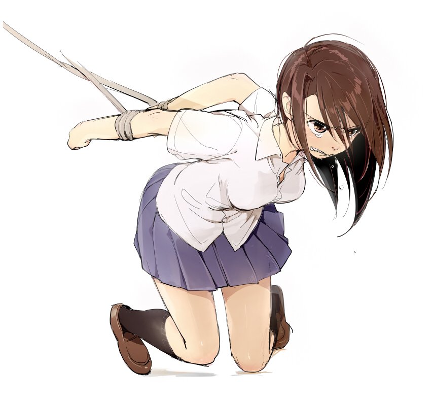 1girl black_legwear blouse blue_skirt bound bound_wrists breasts brown_eyes brown_hair brown_shoes collared_blouse collared_shirt commentary_request kawai_makoto leaning_forward loafers long_hair medium_breasts original pleated_skirt restrained rope shiny shiny_hair shirt shoes simple_background skirt solo tearing_up tears white_background wing_collar