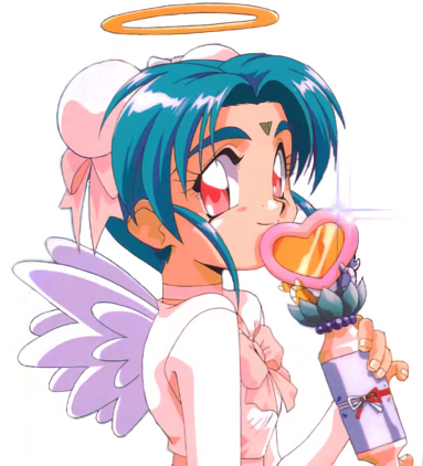 1girl angel_wings aqua_hair choker double_bun facial_mark forehead_mark halo holding holding_wand kajishima_masaki long_sleeves looking_at_viewer lowres mahou_shoujo_pretty_sammy official_art pink_eyes pretty_sammy_(character) simple_background smile solo upper_body wand white_background wings