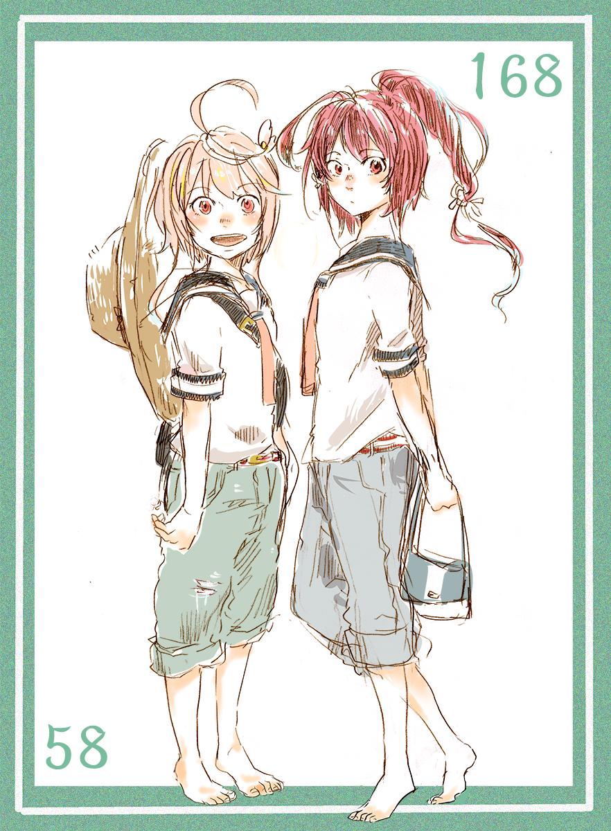 2girls ahoge arms_behind_back bag barefoot handbag hat high_ponytail highres i-168_(kantai_collection) i-58_(kantai_collection) kantai_collection multiple_girls open_mouth pants pants_rolled_up pink_eyes pink_hair sailor_collar sketch smile sun_hat uzaki_(jiro)