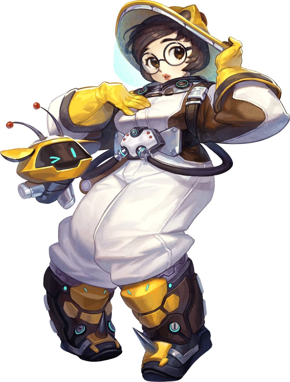 1girl alternate_costume bangs beekeeper_mei black-framed_eyewear boots breasts brown_boots brown_eyes brown_hair canister drone elbow_gloves floating full_body gamza glasses gloves hand_on_headwear hand_on_own_chest hands_up helmet highres hose knee_boots legs_apart lips looking_at_viewer machinery mei_(overwatch) overwatch parted_lips pink_lips robot round_glasses shoes snowball_(overwatch) solo spiked_shoes spikes standing swept_bangs teeth white_background yellow_gloves