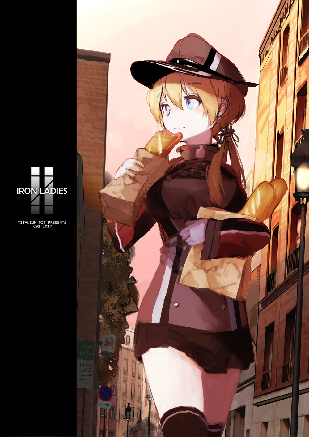 1girl baguette black_legwear black_skirt blonde_hair blue_eyes bread building commentary_request cover cover_page eating food fujibejifu gloves hat highres holding holding_food kantai_collection long_sleeves low_twintails military military_uniform miniskirt peaked_cap prinz_eugen_(kantai_collection) skirt solo thigh-highs twintails uniform walking white_gloves